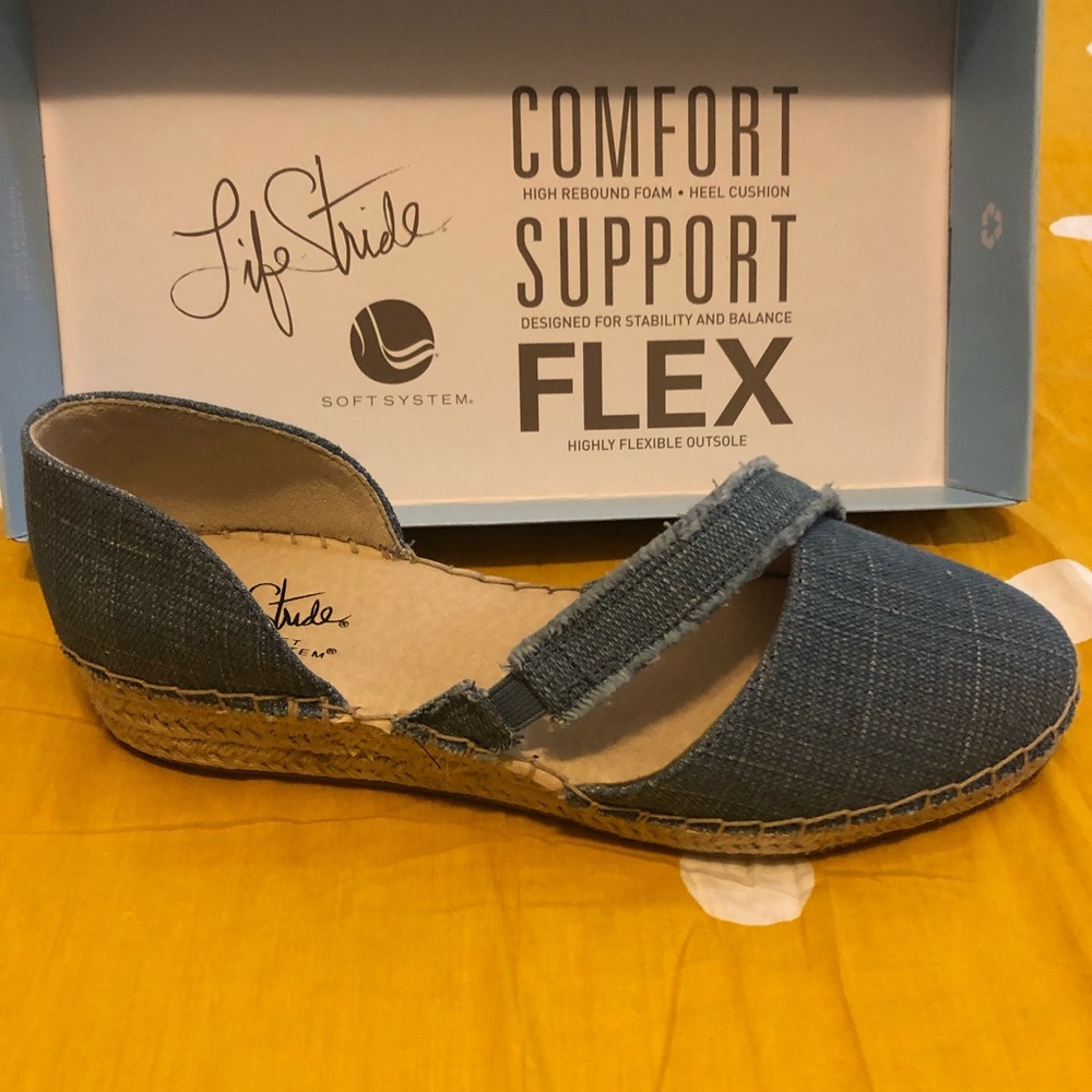 Brand new never worn espadrille type shoe in denim blue..71/2 WIDE